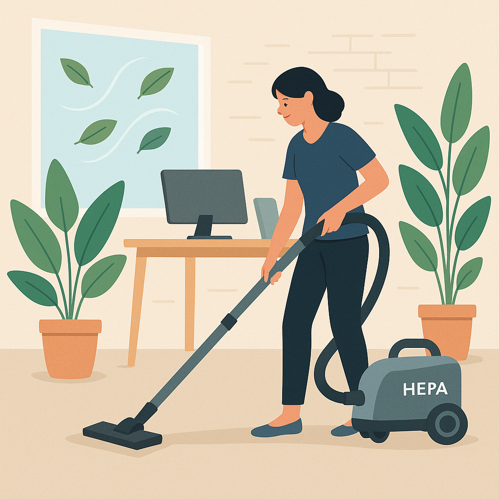 Illustrasjon av allergivennlig renhold med person som støvsuger med HEPA-støvsuger og grønne planter i et kontormiljø